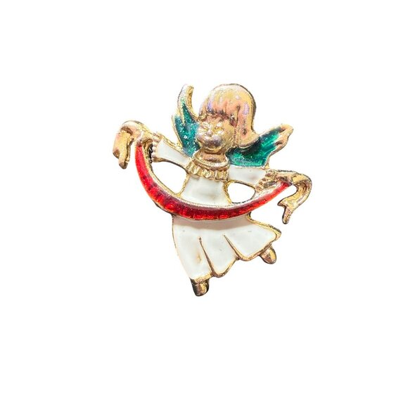 Vintage Angel Enamel Pin Brooch Gold Tone With Red & Green Accents - Picture 1 of 2